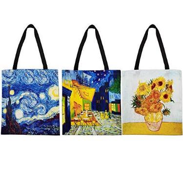 Imagem de FunisFun Pacote com 3 sacolas de lona reutilizáveis para compras de supermercado bolsa de ombro grande feminina 3 desenhos, 33 x 35 cm