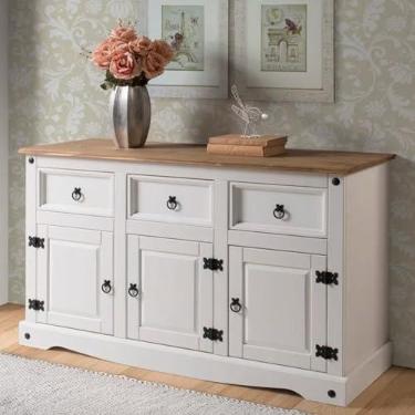 Imagem de Balcão Buffet de Madeira Maciça com 3 Portas e 3 Gavetas Branco Lavado - 75,9 Alt X 125 Larg X 40 Prof - Móveis para Casa, Acabamento em Cera, Madeira Pinus Elliottis - PENSE DENTRO DA CAIXA