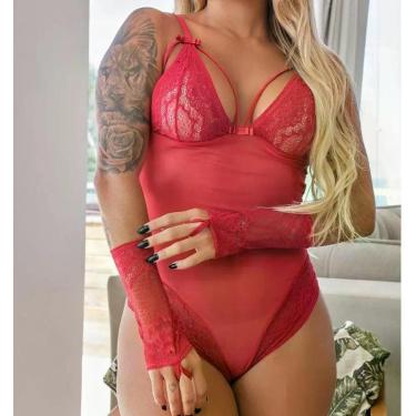 Imagem de Body strapy,renda,tule,sensual, acompanha luva - Deia, Vermelho