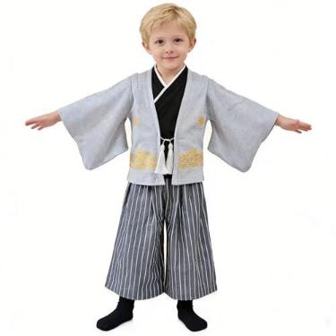Imagem de Conjunto de roupas de quimono para meninos, fantasia de samurai para meninas, guerreiro japonês, Halloween, cosplay, manto ninja, Cinza, Tag 120 (6Year)