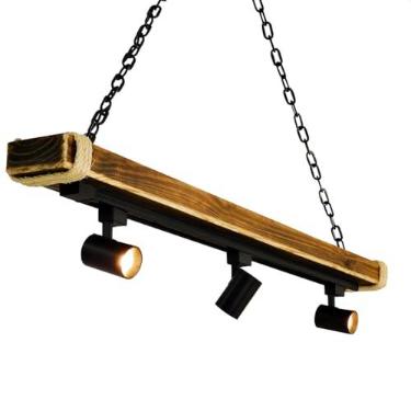 Imagem de Lustre Pendente Caibro Madeira Escura Rústico Industrial 3 Bocais Soquete E27 Corrente Ferro Detalhes Sisal Decoração Sala Varanda Churrasqueira Ambientes Aconchegantes (Spot 3000K (Branco Quente))