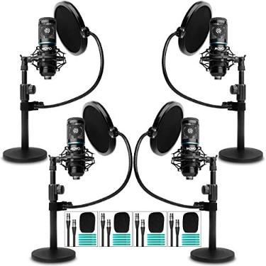 Imagem de MOVO 4-Pack Universal XLR Podcast Microfone Bundle- Inclui 4 Microsoft CardioID Condensador, Suportes de Micros do Desktop, Filtros POP, Montagens de Choque e Cabos para Zoom, Laptop, Telefone - Home Studio Starter Kit