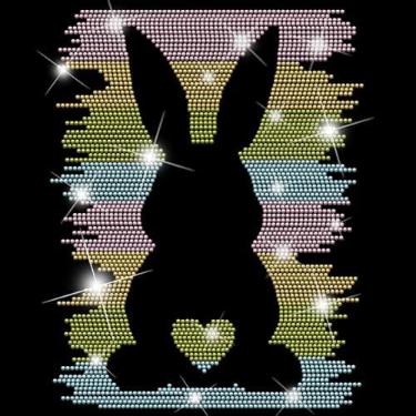 Imagem de SUPERDANT Adesivos de transferência de calor de coelho colorido com strass de coelho faça você mesmo decalques de passar a ferro coelhinho da Páscoa com strass remendos para camiseta roupas femininas