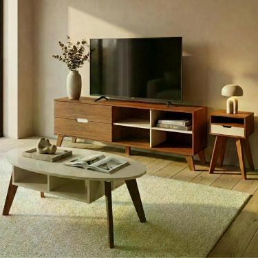 Imagem de Conjunto para Sala de Estar Verona com Rack 3 Gavetas 2 Prateleiras em MDF e MDP 180cm Cedro Off White Dkadidecor