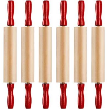 Imagem de Conjunto de mini rolo de massa infantil de 19 cm (pacote com 6) para brincar, acessórios de massa, pino pequeno para massa, rolos de madeira para assar com alças para alimentos, suprimentos de
