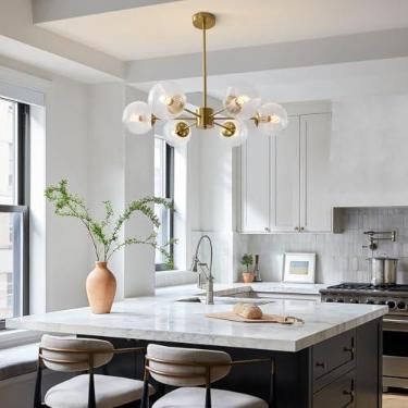 Imagem de Lustre moderno de 6 luzes para ilha de cozinha com cúpula de vidro verde, lustre Sputnik em latão escovado, decoração de interiores criativa, luminária pendente com esfera de bolhas, luminár