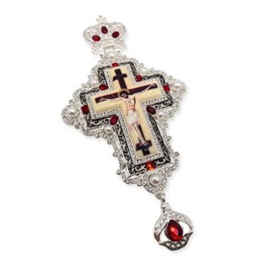 Imagem de Pingente de cruz de clérigo peitoral, Jesus Cristo Sacerdote, bispo, crucifixo vermelho cristalizado, pérolas brancas e corrente - caixa de presente, 23", Strass, Strass