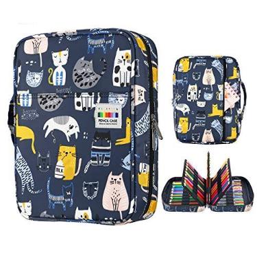 Imagem de YOUSHARES Estojo de lápis de cor, organizador de 220 compartimentos, com envoltório prático e zíper, suporte multicamadas para lápis de cor Prismacolor e caneta de gel (gato esportivo)