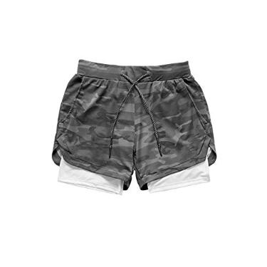 Imagem de Bestgift Shorts de corrida masculino esportivo casual ao ar livre cor sólida camada dupla respirável calças fitness, Camuflagem cinza, 4X-Large