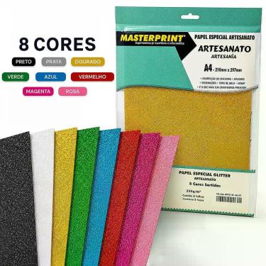 Imagem de Kit 8 Cores Papel Glitter A4 250g Masterprint Azul Dourado Magenta Pra