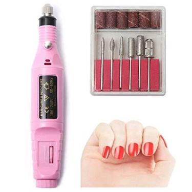 Imagem de Kit Manicure e Pedicure Profissional Elétrica Rosa Máquina de Lixa Unhas Bivolt 110 a 240v Velocidade até 20.000 RPM Brocas e Acessórios