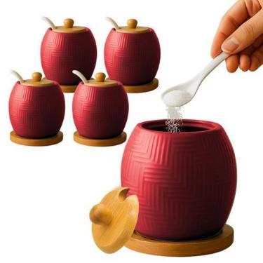 Imagem de Kit 4 Açucareiro Saleiro De Cerâmica Com Tampa De Bambu E Colher 250ml