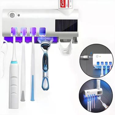 Imagem de Suporte para Escova de Dente com Dispenser de Pasta Automático Utimix Branco com Esterilização UV e Bateria 1200MAH