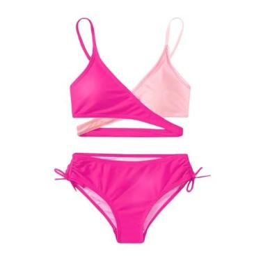 Imagem de MIENOE Biquíni de duas peças com decote em V e alças ajustáveis para meninas adolescentes, biquíni infantil com enchimento no peito, Rosa/rosa -️︎ Estilo cruz, 8-9 Anos