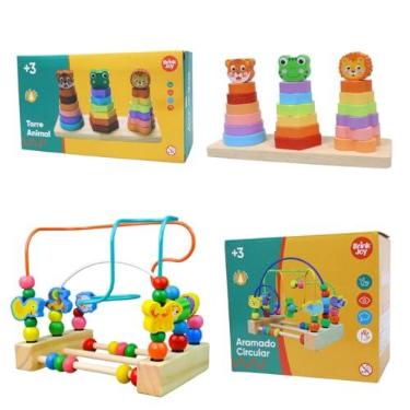 Imagem de Kit 2 Brinquedos Educativos em Madeira, Aramado Montanha Russa com Animais e Torre de Empilhar com 3 Torres, para Crianças Acima de 3 Anos
