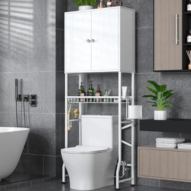 Imagem de Armário de armazenamento sobre o vaso sanitário – Prateleira organizadora de banheiro com design de 2 portas, economia de espaço independente acima do armário de armazenamento de vaso sanitário com