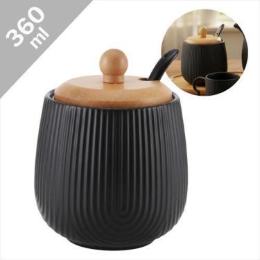 Imagem de Açucareiro Cerâmica Preto Tampa Bambu Com Colher 360ml Linha Oásis Pot