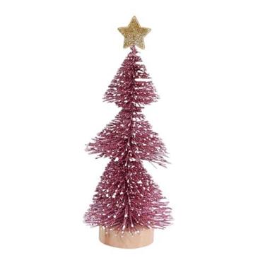 Imagem de Fancyes Árvore de Natal em miniatura para mesa com base de madeira, 9,84 polegadas, estável, com enfeite de neve e geada para decoração de festa de ano novo, Vermelho