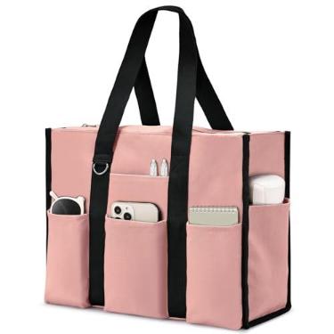 Imagem de Becokan Bolsa feminina grande, impermeável, com 12 bolsos, fecho de zíper, utilitária, professora, enfermeira, para trabalho, escola, rosa, Large