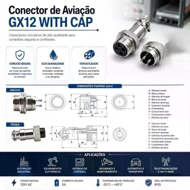 Imagem de Conector Aviação Modelo Gx12-4 Pinos With Cap - ENG Automação
