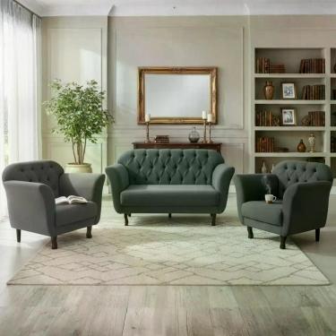 Imagem de Kit Namoradeira + 2 Poltronas Decorativa Dália Suede Cinza Pés Madeira