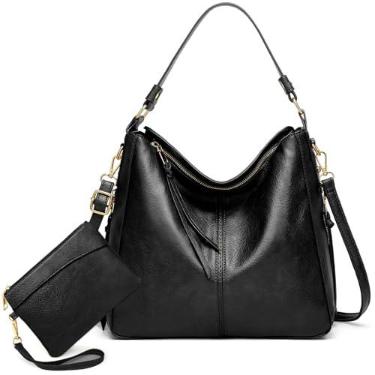 Imagem de Bolsa feminina Hobo de grande capacidade, bolsa tiracolo de couro sintético de poliuretano macio, bolsa e carteira - preto profundo