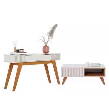 Imagem de Sala de Estar com Aparador e Mesa de Centro Rivieira Jeri em MDF e MDP 136cm Off White Freijó PR Móveis
