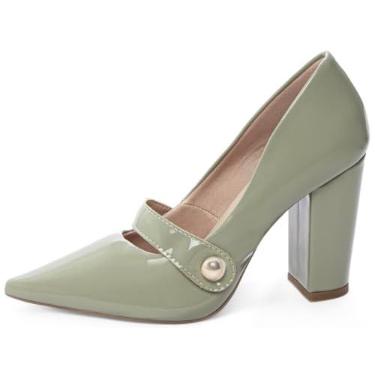 Imagem de EMILY ONLINE, Sapato Scarpin Salto Alto Grosso Bico Fino Tira Feminino 9cm (Verde, BR, Adulto, Numérico, 35)