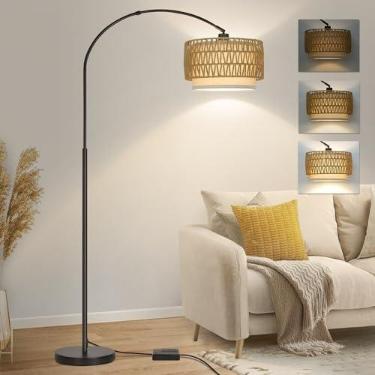 Imagem de Luminária de chão de vime, lâmpadas de chão de arco regulável para sala de estar, luminária de pé Boho Farmhouse com cabeça ajustável, lâmpada de poste alta luz de leitura para quarto, sobre sofá