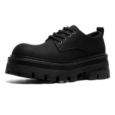 Imagem de Sapato Oxford masculino plataforma de couro – sapatos clássicos de bico redondo com cadarço – confortável antiderrapante sola de salto grosso, sapatos Derby elevados, Preto, 38