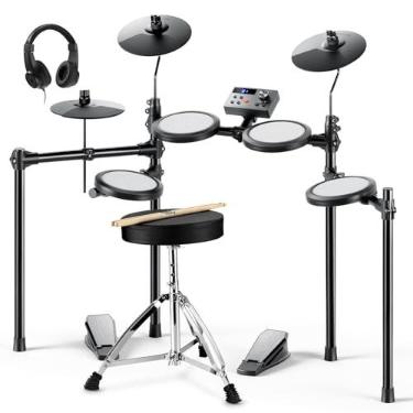 Imagem de Donner Conjunto de bateria elétrica com 4 almofadas de bateria de malha silenciosa, pedal de 2 interruptores, conjunto de bateria portátil e sólida com carregamento tipo C DED-70 NOVO