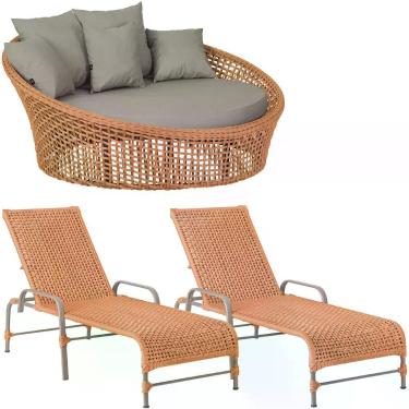 Imagem de Kit Chaise Hungria E Espreguiçadeiras Catar Trama Original Terra Cota