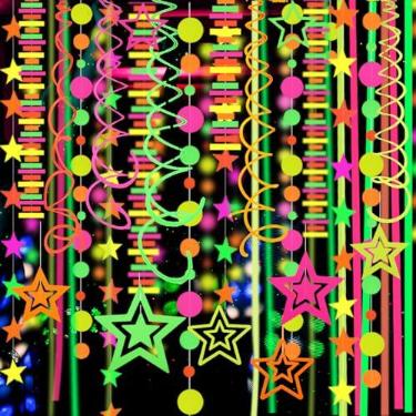 Imagem de Guirlanda neon de papel de 152,4 m com raios UV que brilham no escuro para festas e decorações que brilham no escuro Serpentinas que brilham no escuro, kit de festa fluorescente preta reativa para aniversário e casamento