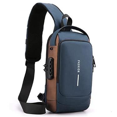Imagem de LuckyWin pochete transversal masculina esportes viagens,bolsa de peito à prova d'água,shoulder bag masculina ao ar livre,mochila transversal masculina anti-roubo,Com fechadura de combinação (azul)