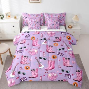 Imagem de Erosebridal Jogo de cama com tema musical para mulheres, meninas, com notas musicais, violão, 7 peças, rosa, ferradura, bola de discoteca, conjunto de lençol romântico roxo com edredom e decoração de