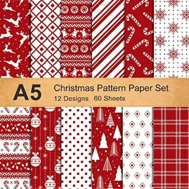 Imagem de Whaline 12 Designs Conjunto de papel com padrão de Natal, tamanho A5, 60 folhas, floco de neve, rena, árvore de Natal, papel brilhante, branco, vermelho, decorativo, dupla face para fazer cartões e scrapbook