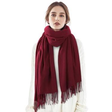 Imagem de Premillow Cachecóis para mulheres, cachecol de inverno, xales e envoltórios clássicos de pashmina, cachecóis de caxemira para mulheres, lenços longos, Borgonha, Large