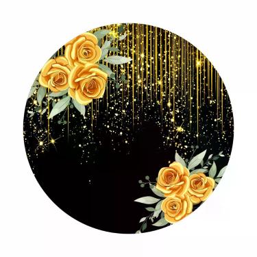 Imagem de Painel de Lona Redondo Rosas Amarelas Glitter Dourado Brilho Ouro 1x1m