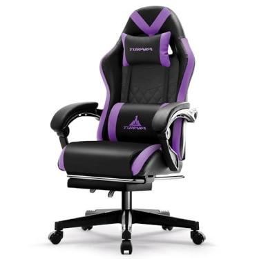 Imagem de TUKAKA Cadeira de jogos, cadeira ergonômica de massagem, computador, escritório, com apoio para os pés, almofada de mola, cadeira reclinável de couro ajustável para jogadores com encosto de cabeça e