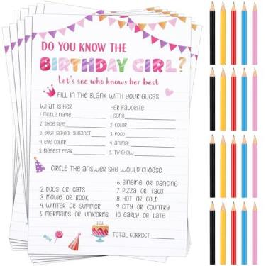 Imagem de 50 folhas Who Knows The Birthday Girl Game Cards Birthday Girl Party Game Cards com 20 peças lápis de madeira pré-pontiagudos, caderno temático, cartão de atividade de festa para festa do pijama