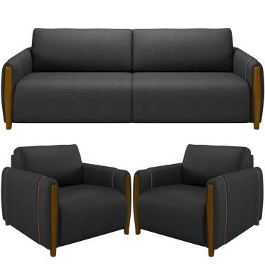 Imagem de Kit Sofá 03 Lugares Sala Estar 223cm Com 02 Poltronas Flora Pés Madeir