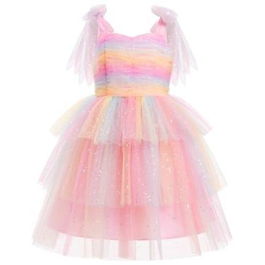 Imagem de IMEKIS Vestido de aniversário infantil para meninas com coração brilhante tule babados tutu vestidos chá festa sessão de fotos 4-10T, Rosa arco-íris, 7-8 Anos
