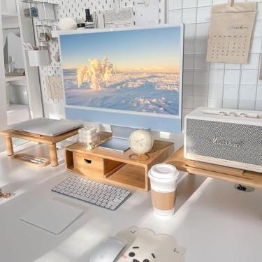 Imagem de Suporte de monitor duplo de bambu com comprimento e ângulo ajustáveis - Suporte de tela ROCDEER para mesa com gaveta, monitor de mesa elevador para dois ou três monitores Laptop TV - Natural