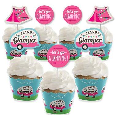 Imagem de Big Dot of Happiness Let's Go Glamping - Decoração de cupcake - Kit de embalagens de cupcake para festa de glamour ou festa de aniversário - Conjunto de 24