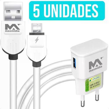 Imagem de Kit 5 Cabos V8 Mini USB 1 Metro Com 5 Fontes USB Turbo - Maxmidia