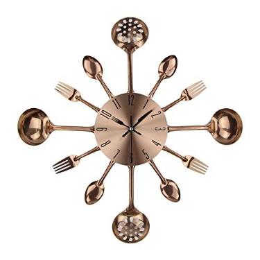 Imagem de Relógios de parede de cobre de metal de cozinha com colheres e garfos 3D removível moderno criativo talheres colher de cozinha garfo relógio de parede para ótima decoração de casa e belos presentes