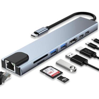 Imagem de Adaptador Hub 8 em 1 USB-C com HDMI 4K + VGA + RJ45 + PD 100W + 2 USB 3.0 + SD/TF - Para MacBook, Windows, Chromebook, Notebook, Tablet e Celular Conversor Multiportas USB-C para HDMI/VGA/Ethernet
