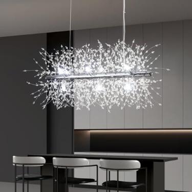 Imagem de Lustres de cristal modernos fogos de artifício, 9 luzes cromadas retangular linear dente-de-leão lustre de sala de jantar, luminária de teto Sputnik de meados do século para sala de estar cozinha loja