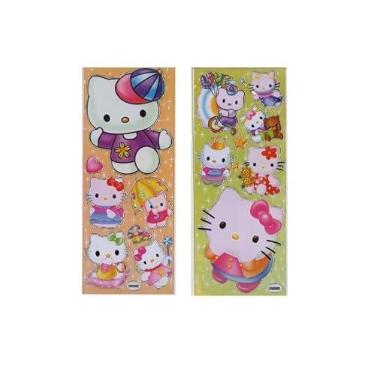 Imagem de 03 Cartelas de Adesivos Coração Bichinhos Borboleta Boneca Unicórnio Ursinho com Brilho Prateado (03 Cartelas Hel lo Kit ty)