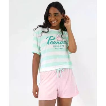 Imagem de Pijama Feminino Listrado Manga Curta Snoopy Rosa-67055, Verde, Rosa, P